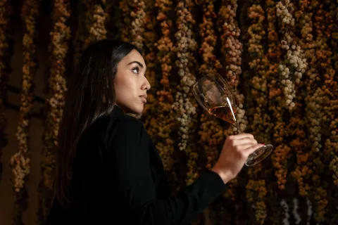 Ragazza degusta un calice di vino e sullo sfondo dei grappoli di uva Breganze DOC appesi per l'appassimento