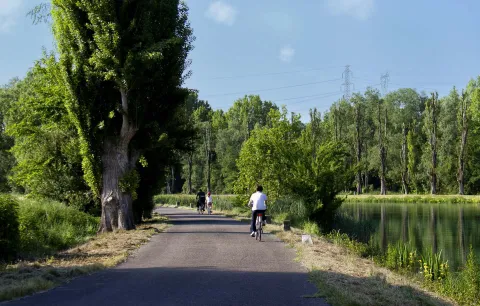Pista ciclabile con ciclisti lungo il fiume