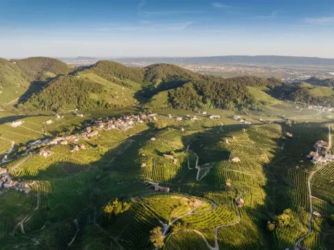 Panoramica dei vigneti sui terrazzamenti delle Colline del Prosecco di Conegliano e Valdobbiadene