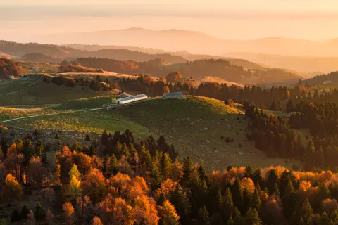 Paesaggio con foliage in Lessinia al tramonto