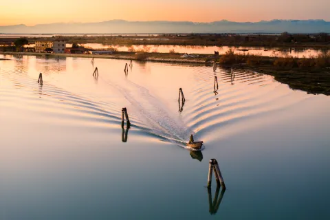 Barca a motore naviga tra le briccole della Laguna Veneta all'alba