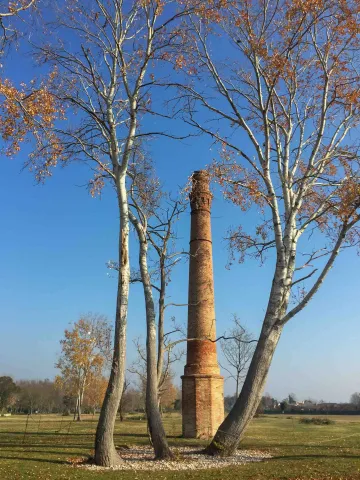 Alberi spogli e Ciminiera della Pirotecnica dell'Isola della Certosa a Venezia