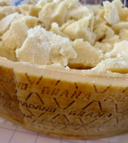 Forma di Formaggio Grana Padano DOP marchiata, scavata internamente che contiene scaglie di formaggio
