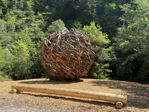 Il Nido, opera di Martalar, realizzata con alberi, rami e tronchi della tempesta Vaia, esposta lungo i sentieri delle Cascate di Pedemonte