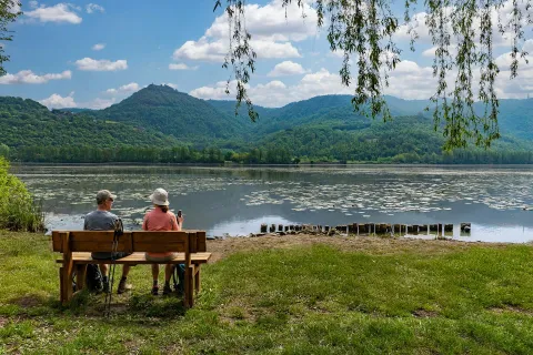 Due escursionisti stanno seduti su una panchina ammirando il Lago di Fimon con un salice e sullo sfondo i Colli Berici