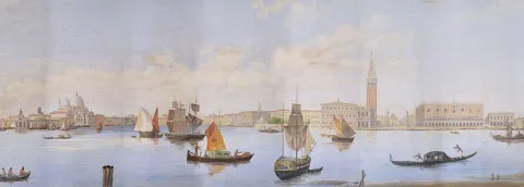 Dipinto "Veduta del Bacino San Marco" di Diorama Biasin esposto a Palazzo Roverella a Rovigo