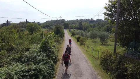 Escursionisti su strada asfaltata lungo l'Alta via dei Colli Berici