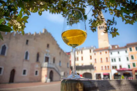 Calice di vino con Piazza della Repubblica sullo sfondo a Portogruaro