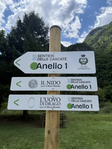 Segnaletica dell'Anello numero uno delle Cascate di Pedemonte che conduce alle opere di Martalar: il Nido e l'Uovo di Drago