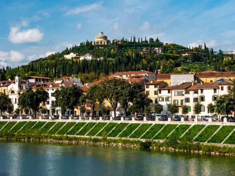 Santuario della Madonna di Lourdes visto dagli argini dell'Adige a Verona