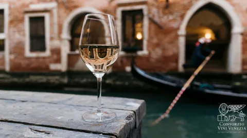 Calice di vino bianco con sfondo di un canale di Venezia in cui passa una gondola