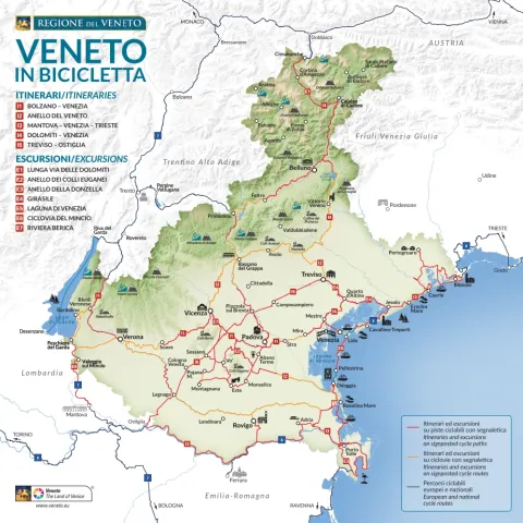 Mappa del Veneto in cui sono segnati tutti gli itinerari percorribili in bicicletta