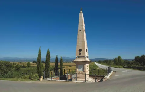Obelisco Napoleonico ad Arcole con i vigneti e i campi coltivati sullo sfondo