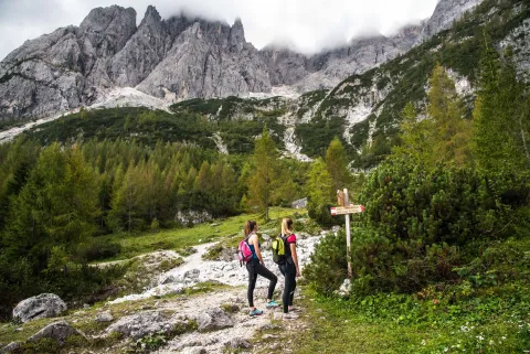 Escursioniste all'inizio del sentiero 101 verso il rifugio Berti lungo il Cammino degli Alti Pascoli verso Padola