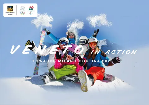 Locandina Veneto in Action foto sciatori in gruppo con claim Towards Milano Cortina 2026